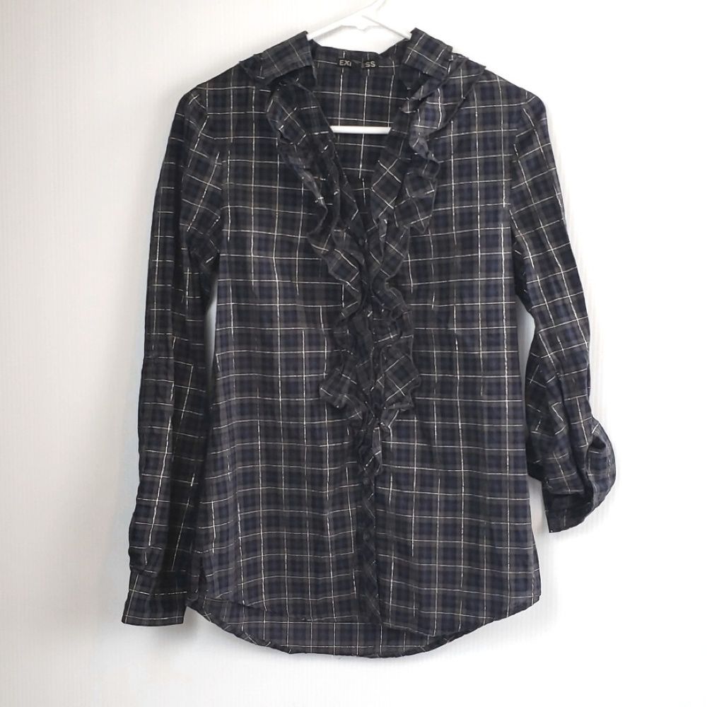 Express Women's Plaid Ruffle Front Blouse